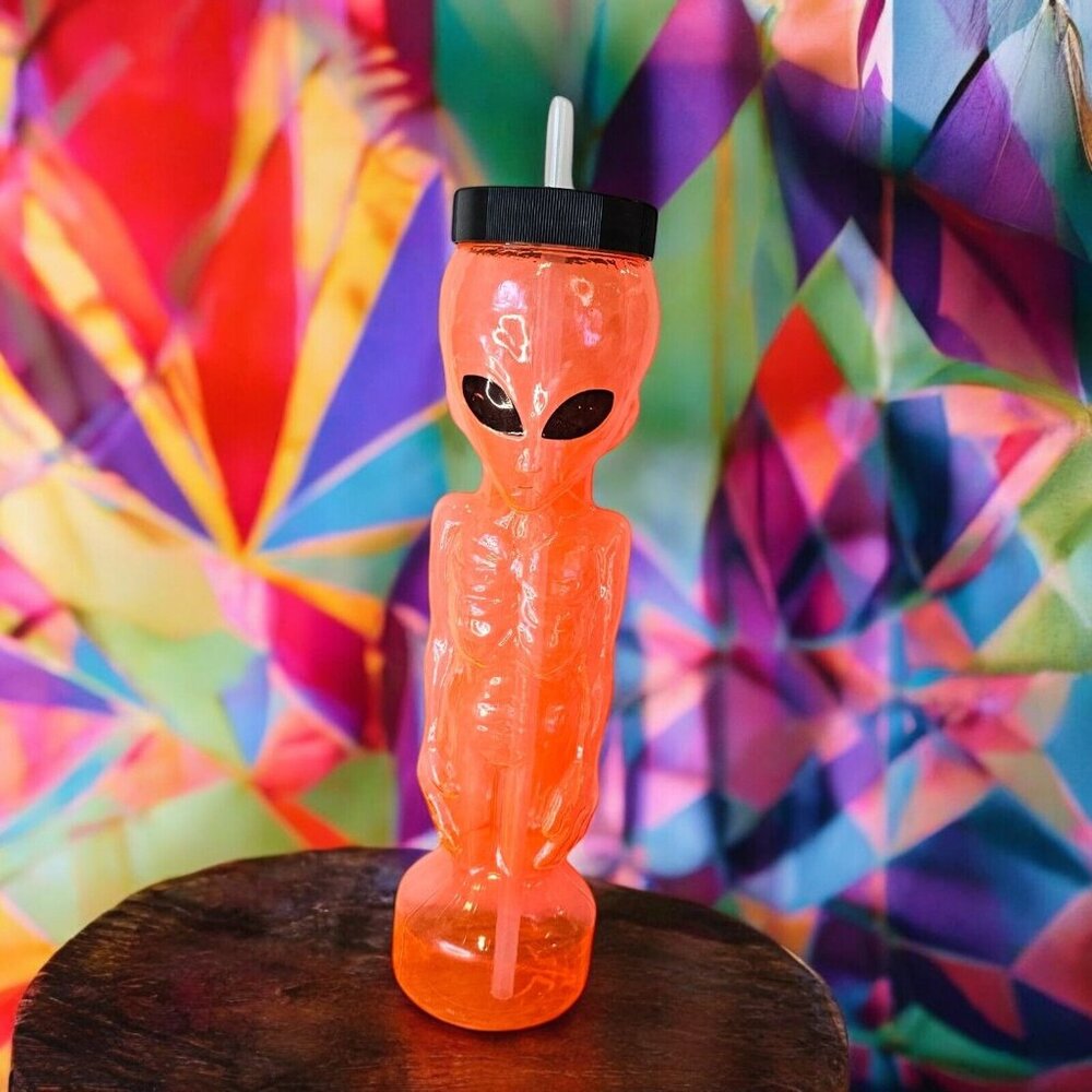 Neon Pink PLASTIC ALIEN DRINKING BOTTLE Tumbler Sippy 12.5” 90s VTG U.C.C. 1997